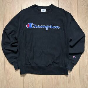 Champion Reverse Weave Crewneck Sweatshirt Black Blue Script Logo Size Small